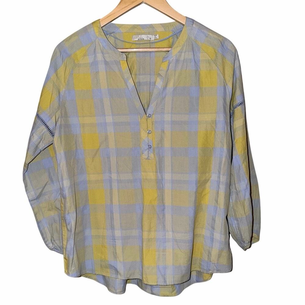 Prana grey yellow plaid vneck tunic top organic cotton blend medium gorpcore